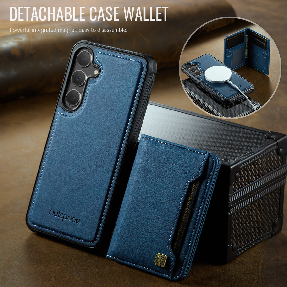 AUTSPACE For Samsung Galaxy S24 / Galaxy S25 Case  A13 Vintage Leather Back Cover with Magnetic Detachable Card Bag
