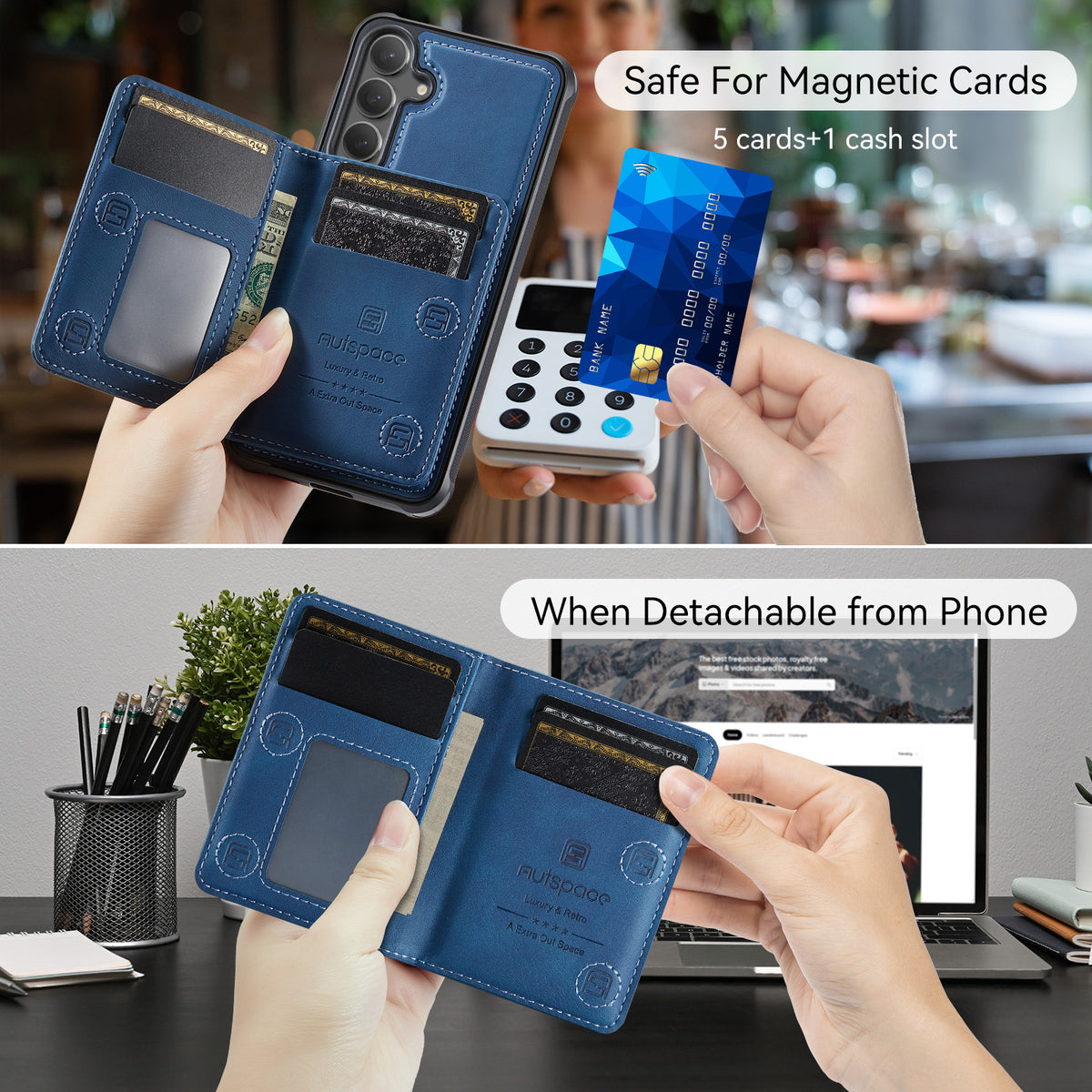 AUTSPACE For Samsung Galaxy S24 / Galaxy S25 Case  A13 Vintage Leather Back Cover with Magnetic Detachable Card Bag