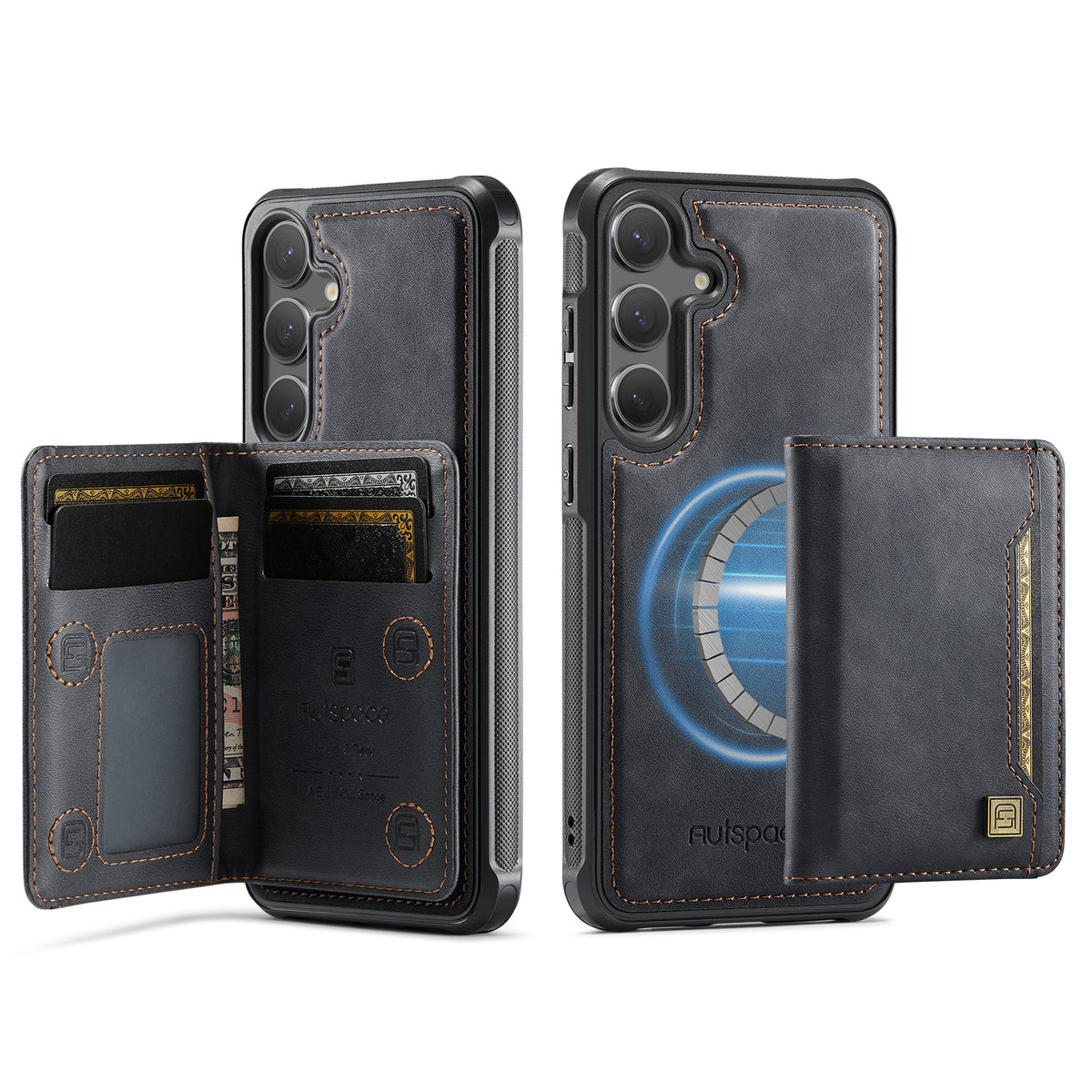 AUTSPACE For Samsung Galaxy S24 / Galaxy S25 Case  A13 Vintage Leather Back Cover with Magnetic Detachable Card Bag