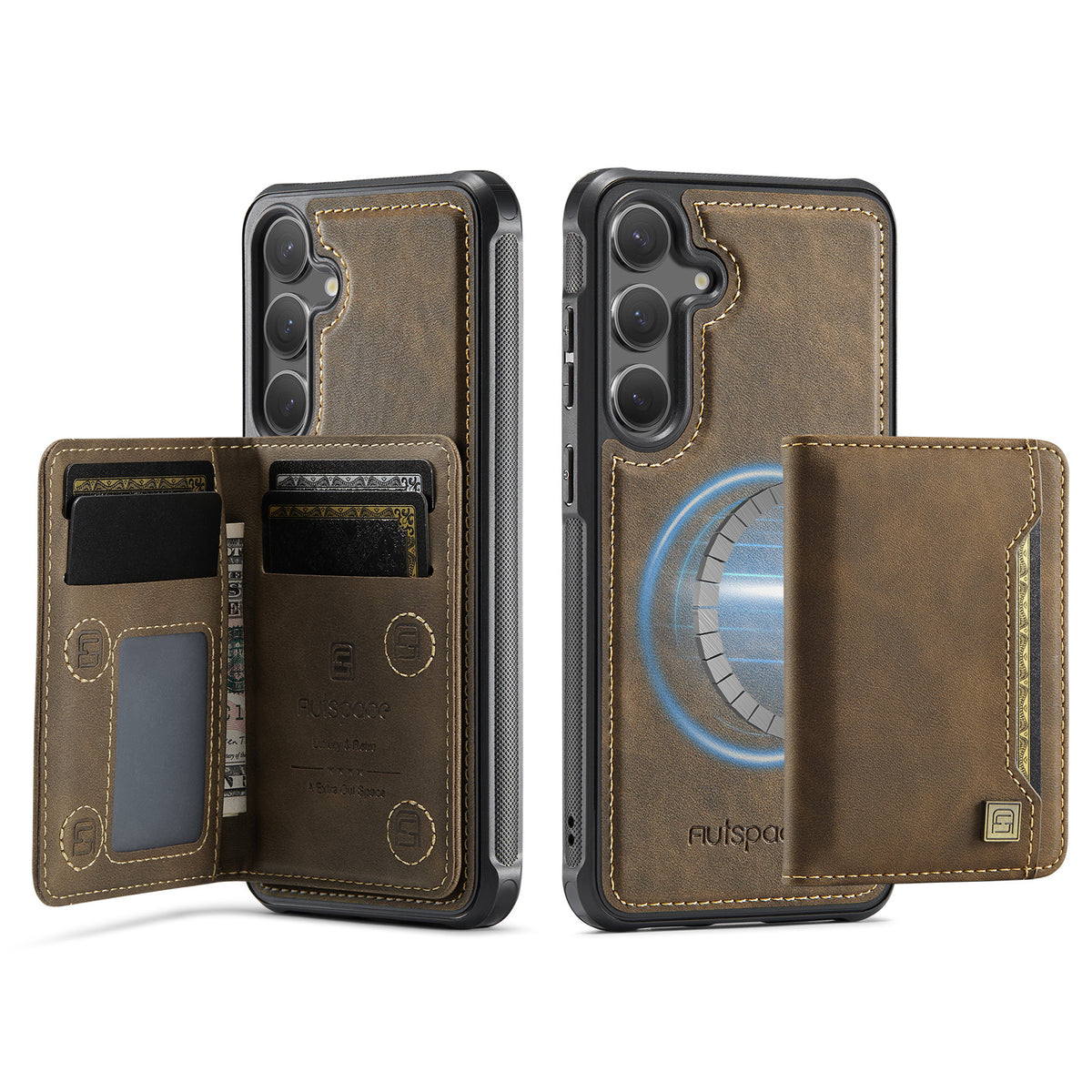 AUTSPACE For Samsung Galaxy S25+ / Galaxy S24+ Case  A13 Vintage Leather Back Cover with Magnetic Detachable Card Bag