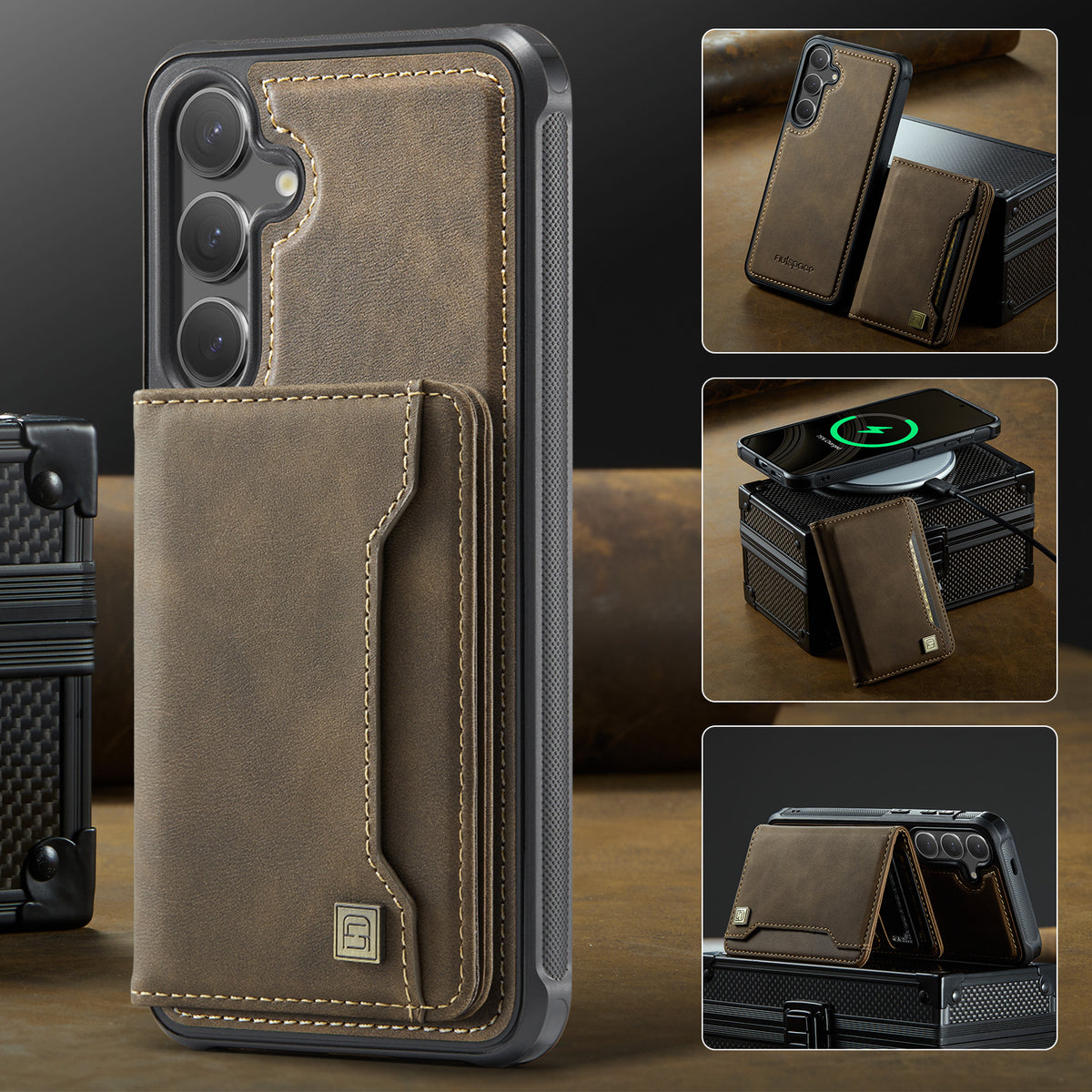 AUTSPACE For Samsung Galaxy S25+ / Galaxy S24+ Case  A13 Vintage Leather Back Cover with Magnetic Detachable Card Bag