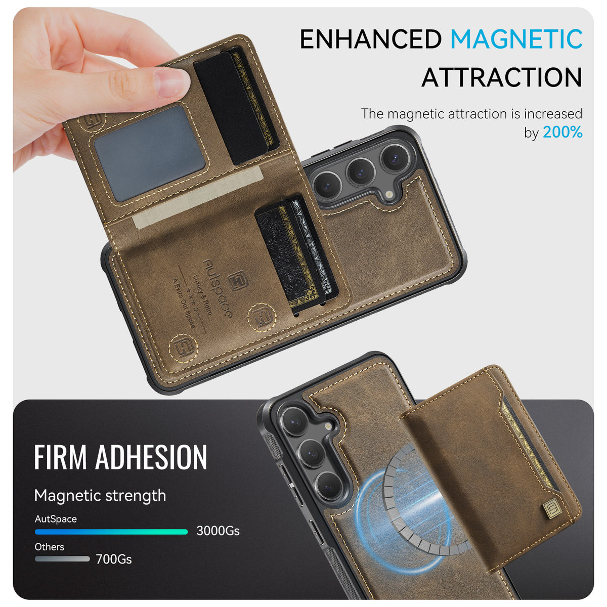 AUTSPACE For Samsung Galaxy S25+ / Galaxy S24+ Case  A13 Vintage Leather Back Cover with Magnetic Detachable Card Bag