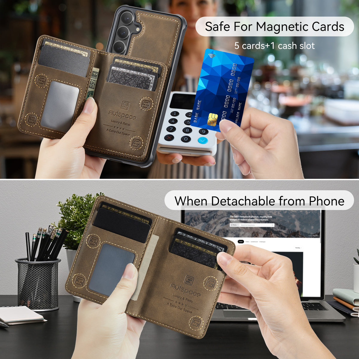 AUTSPACE For Samsung Galaxy S25+ / Galaxy S24+ Case  A13 Vintage Leather Back Cover with Magnetic Detachable Card Bag