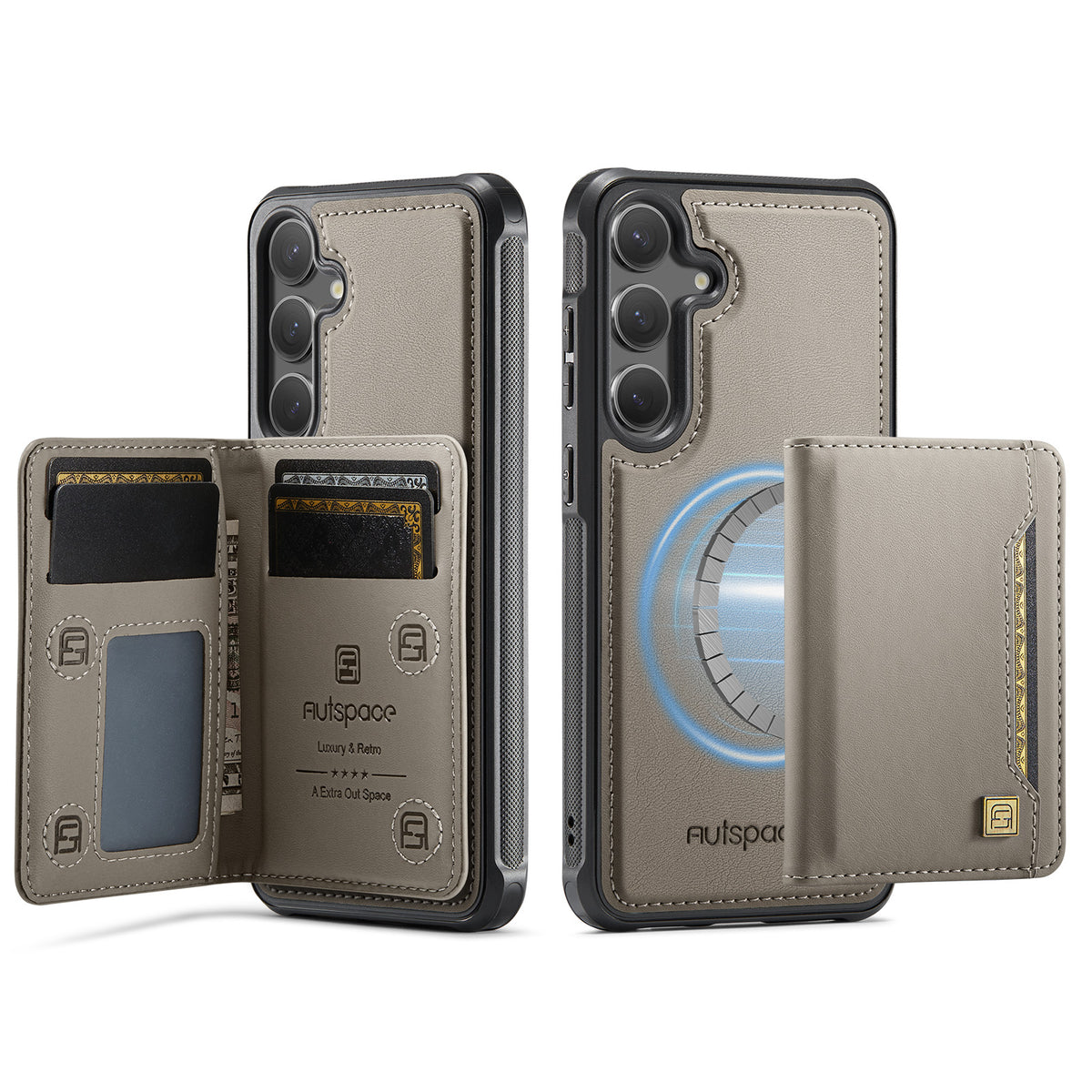 AUTSPACE For Samsung Galaxy S25+ / Galaxy S24+ Case  A13 Vintage Leather Back Cover with Magnetic Detachable Card Bag