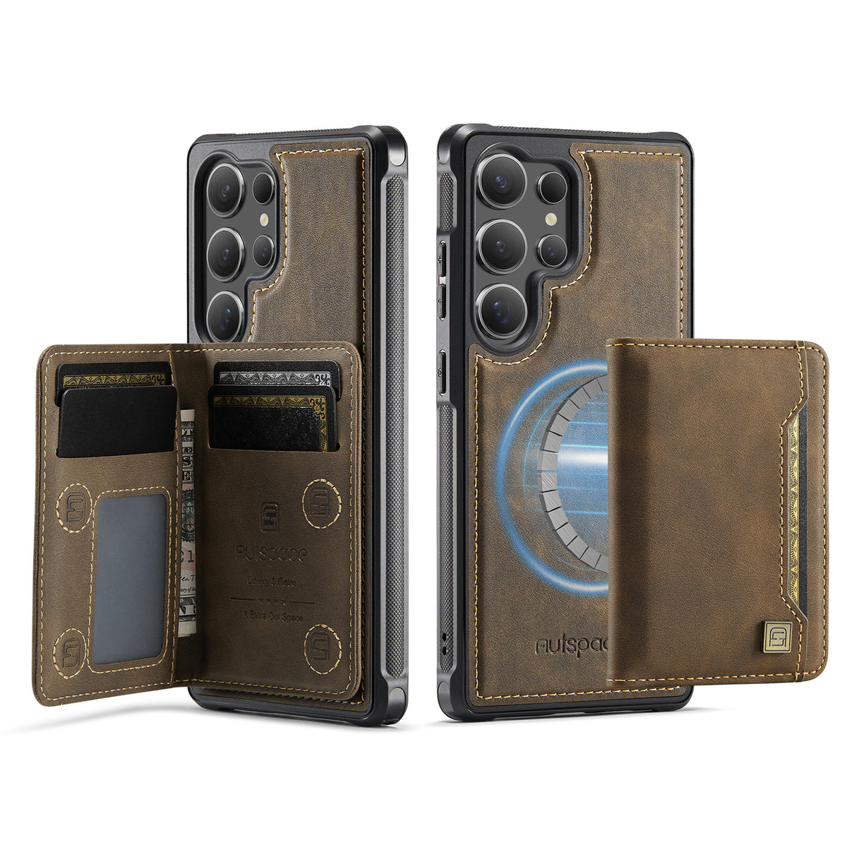 AUTSPACE Fodral till Samsung Galaxy S24 Ultra  A13 Vintage Läder Baksida med Magnetiskt Avtagbar Kortväska