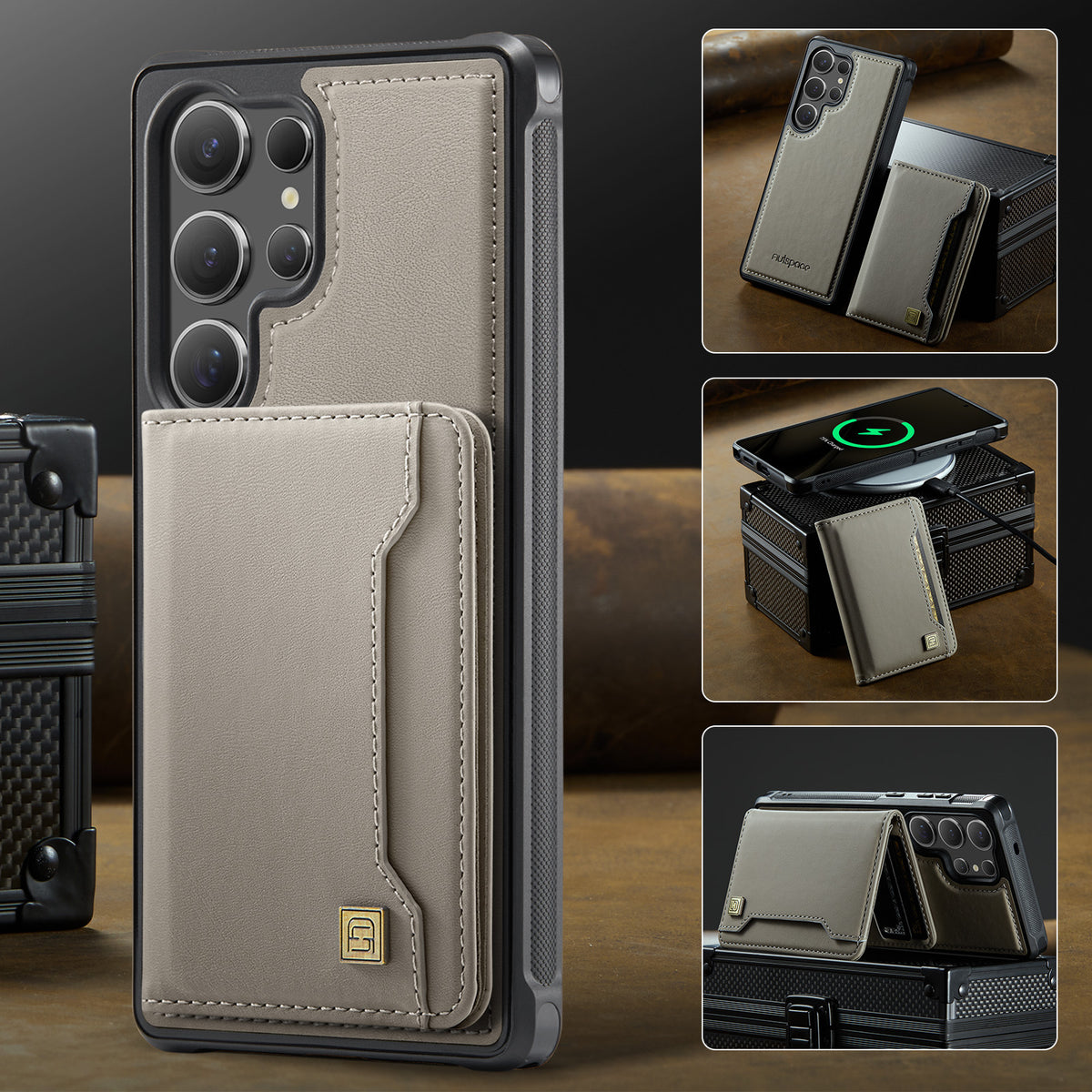AUTSPACE For Samsung Galaxy S25 Ultra Case  A13 Vintage Leather Back Cover with Magnetic Detachable Card Bag