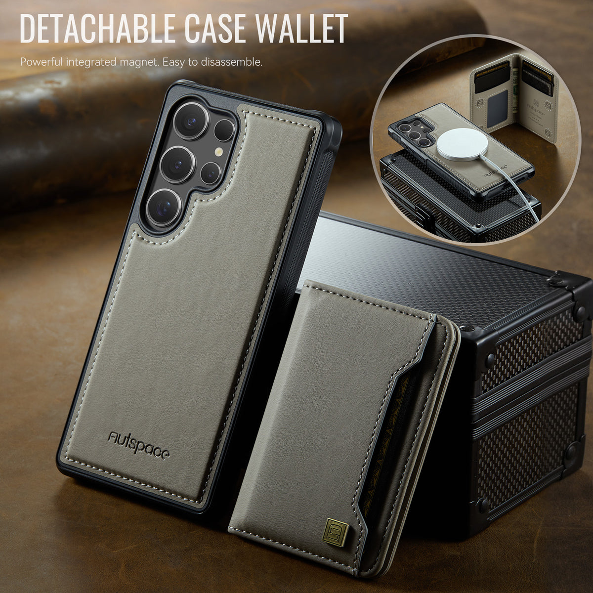 AUTSPACE For Samsung Galaxy S25 Ultra Case  A13 Vintage Leather Back Cover with Magnetic Detachable Card Bag