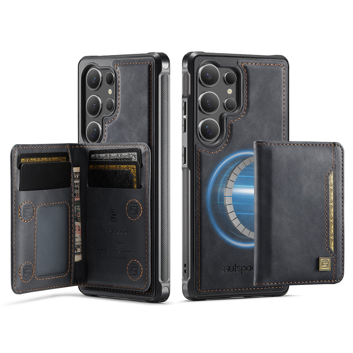 AUTSPACE For Samsung Galaxy S25 Ultra Case  A13 Vintage Leather Back Cover with Magnetic Detachable Card Bag