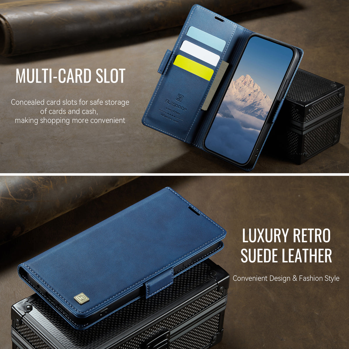 AUTSPACE etui til Xiaomi Redmi 12 5G (Global) / Xiaomi Redmi Note 12R 5G / Xiaomi Poco M6 Pro 5G / Xiaomi Redmi 12 4G, A11 RFID-blokerende retro-pungetui i læder