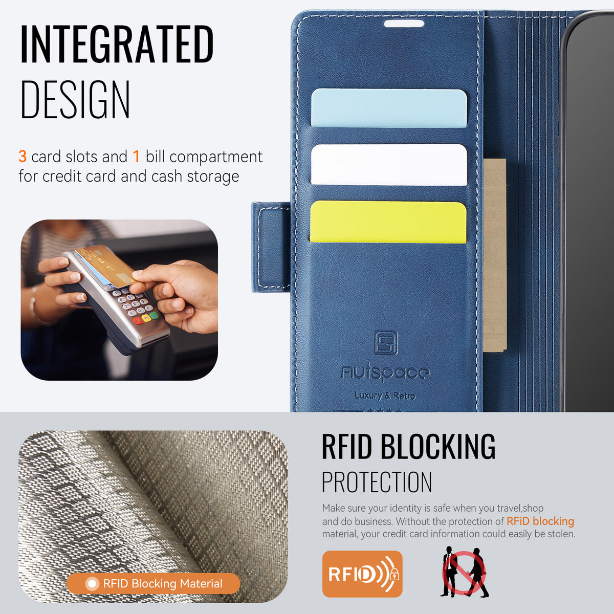 AUTSPACE etui til Xiaomi Redmi 12 5G (Global) / Xiaomi Redmi Note 12R 5G / Xiaomi Poco M6 Pro 5G / Xiaomi Redmi 12 4G, A11 RFID-blokerende retro-pungetui i læder