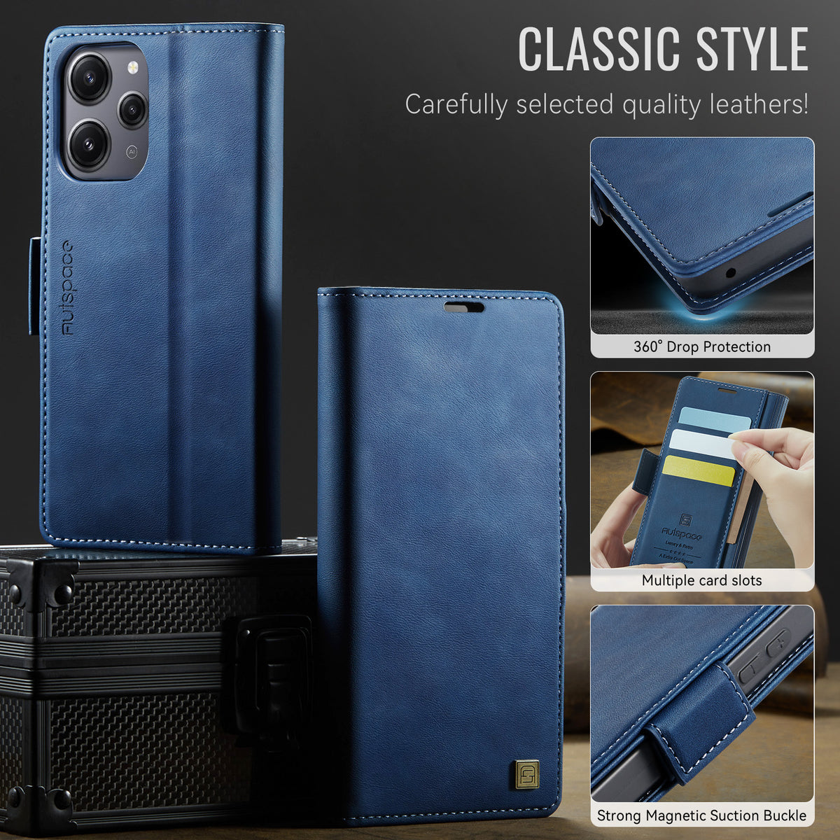 AUTSPACE etui til Xiaomi Redmi 12 5G (Global) / Xiaomi Redmi Note 12R 5G / Xiaomi Poco M6 Pro 5G / Xiaomi Redmi 12 4G, A11 RFID-blokerende retro-pungetui i læder