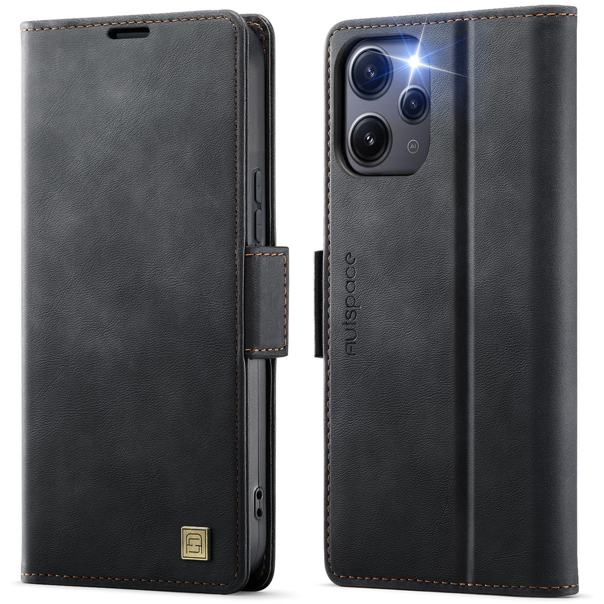 AUTSPACE etui til Xiaomi Redmi 12 5G (Global) / Xiaomi Redmi Note 12R 5G / Xiaomi Poco M6 Pro 5G / Xiaomi Redmi 12 4G, A11 RFID-blokerende retro-pungetui i læder