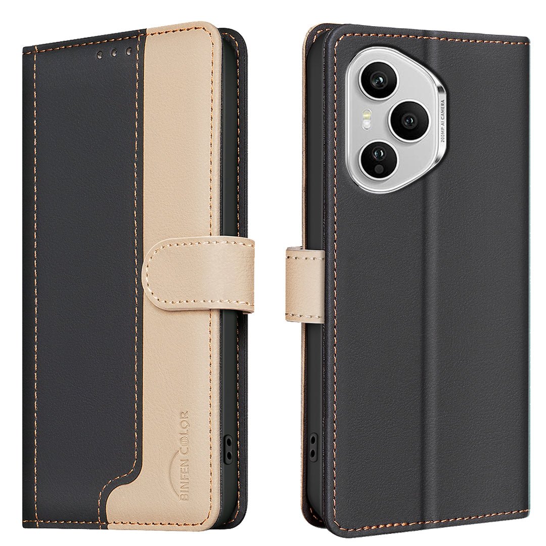 BINFEN COLOR For Honor 400 Pro 5G (Global) Leather Case  Splicing Color RFID Blocking Wallet Stand Phone Cover