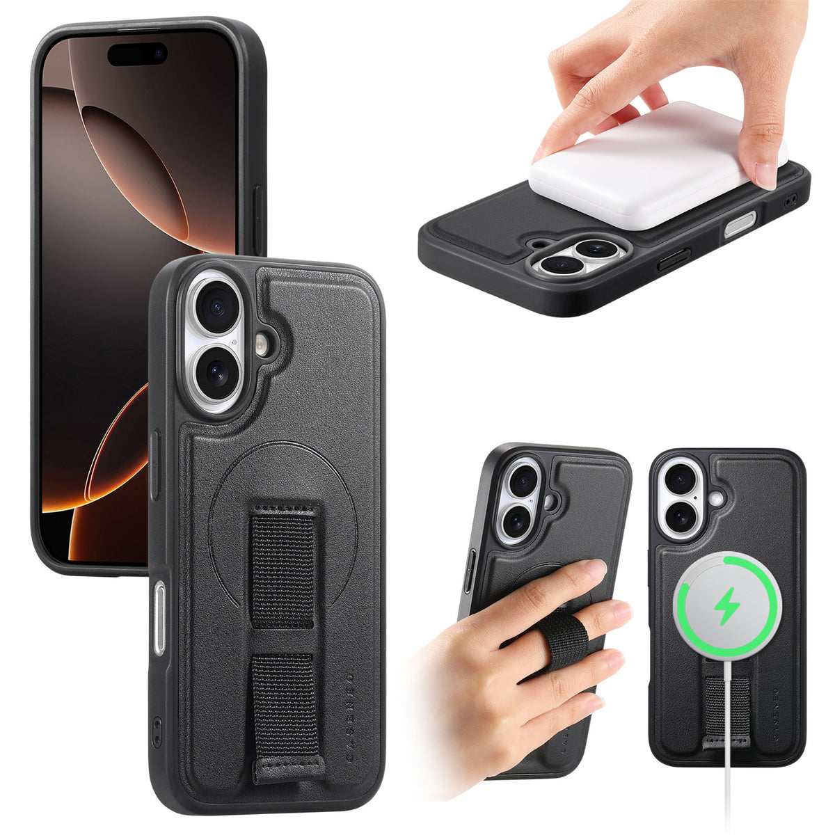 CASENEO For iPhone 16 Plus Magnetic Case Wristband PU Leather + PC Shockproof Phone Cover