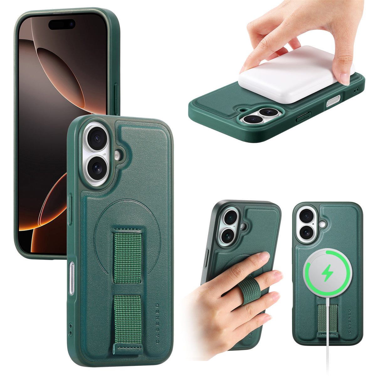 CASENEO For iPhone 16 Plus Magnetic Case Wristband PU Leather + PC Shockproof Phone Cover