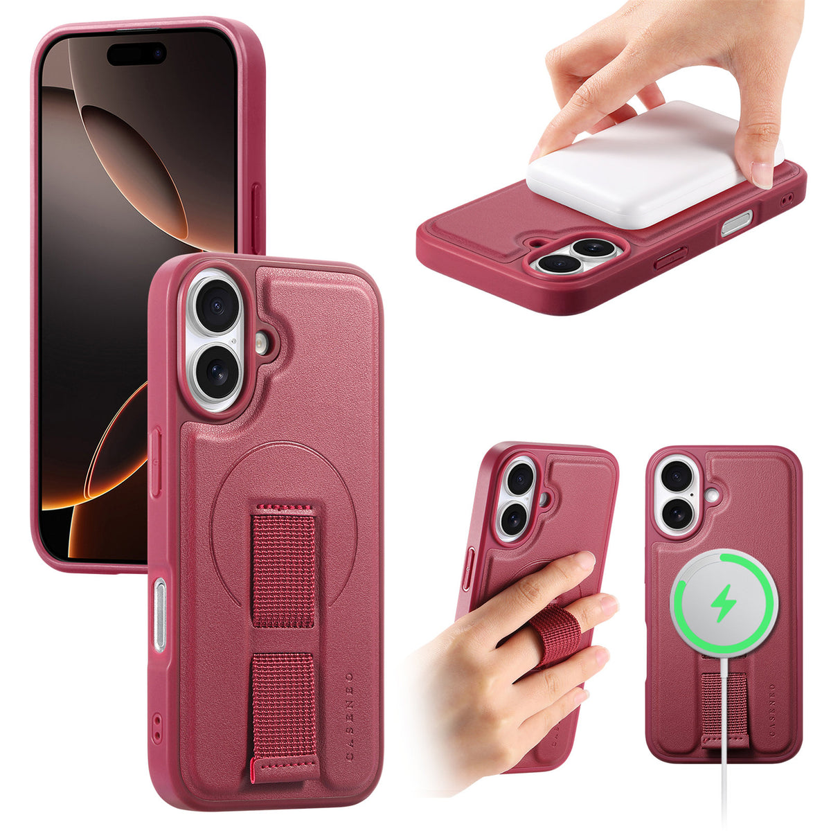 CASENEO For iPhone 16 Plus Magnetic Case Wristband PU Leather + PC Shockproof Phone Cover