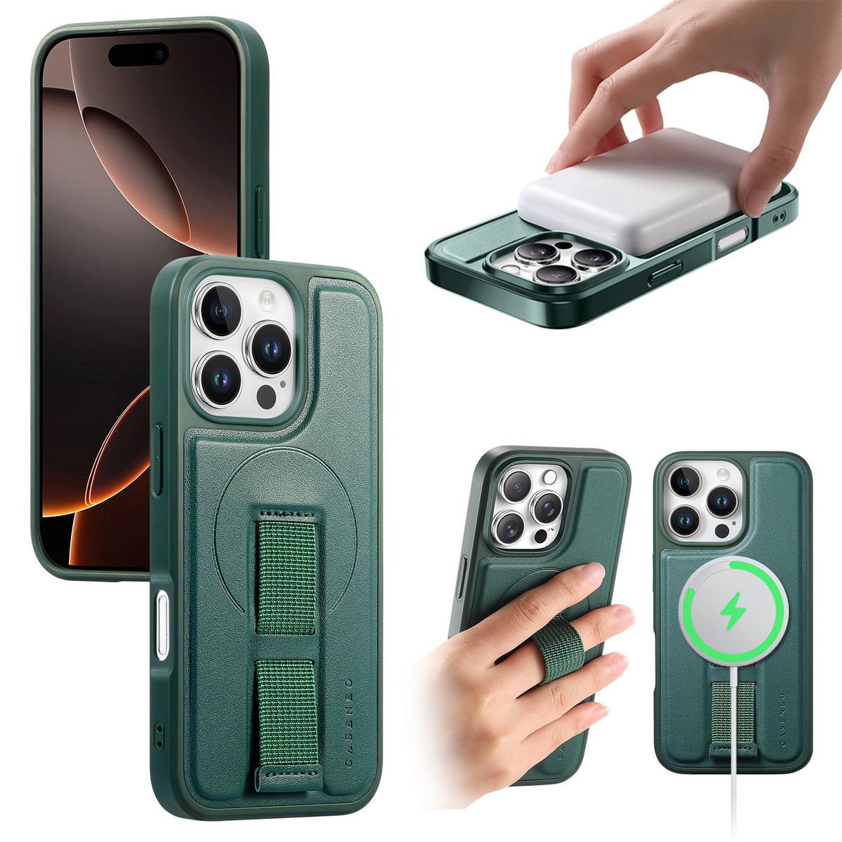 CASENEO For iPhone 16 Pro Max Magnetic Case  Wristband PU Leather + PC Shockproof Phone Cover