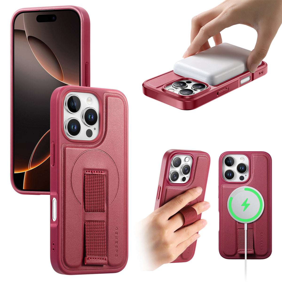 CASENEO For iPhone 16 Pro Max Magnetic Case  Wristband PU Leather + PC Shockproof Phone Cover