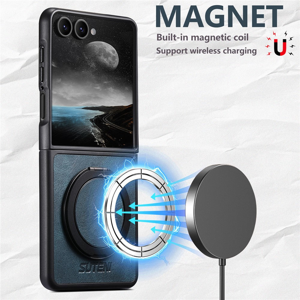 SUTENI G3 For Samsung Galaxy Z Flip7 5G Magnetic Case Waxy Texture Rotating Kickstand Leather Phone Back Cover