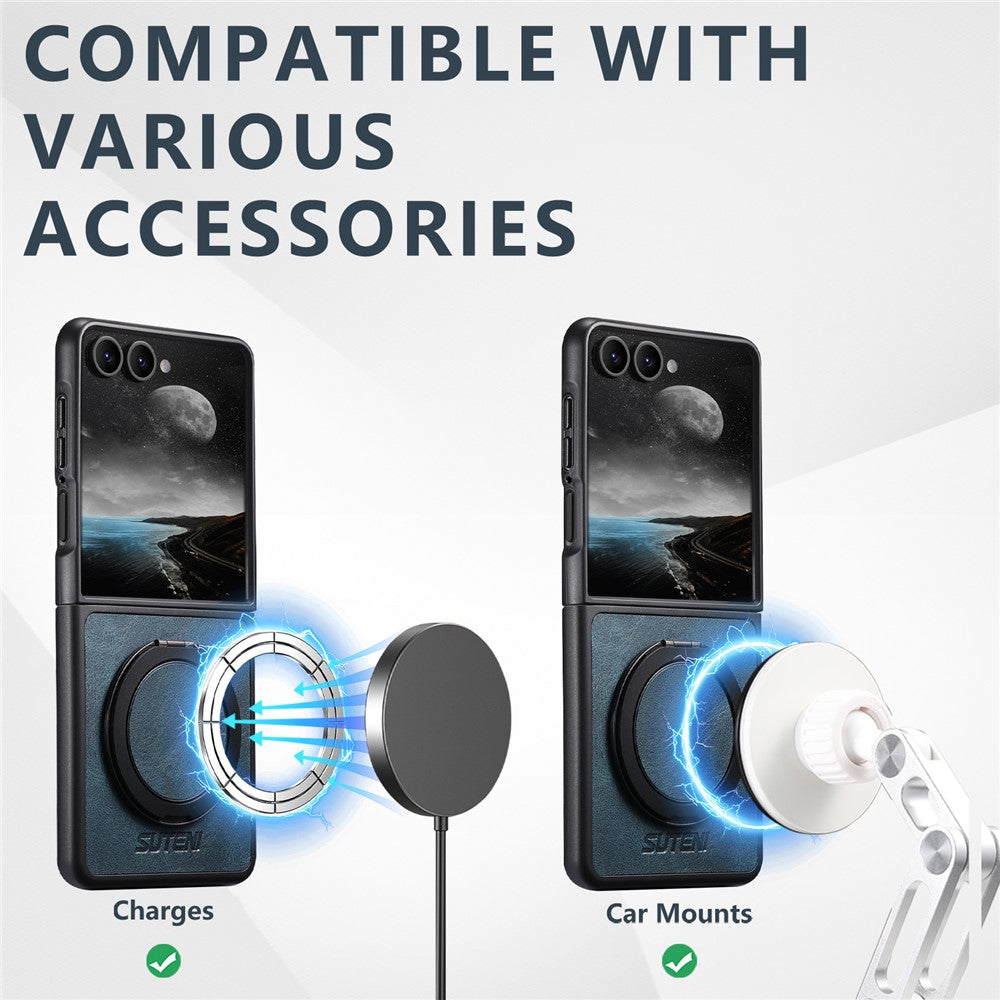 SUTENI G3 For Samsung Galaxy Z Flip7 5G Magnetic Case Waxy Texture Rotating Kickstand Leather Phone Back Cover