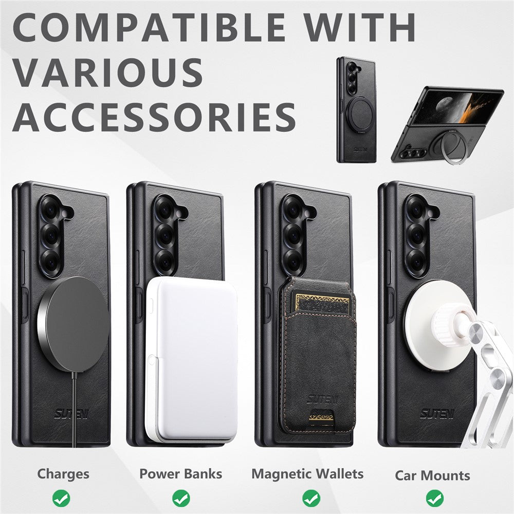 SUTENI G3 Til Samsung Galaxy Z Fold7 5G Magnetisk Etui Vokset Tekstur Roterende Støtteben Læder Telefon Bagcover