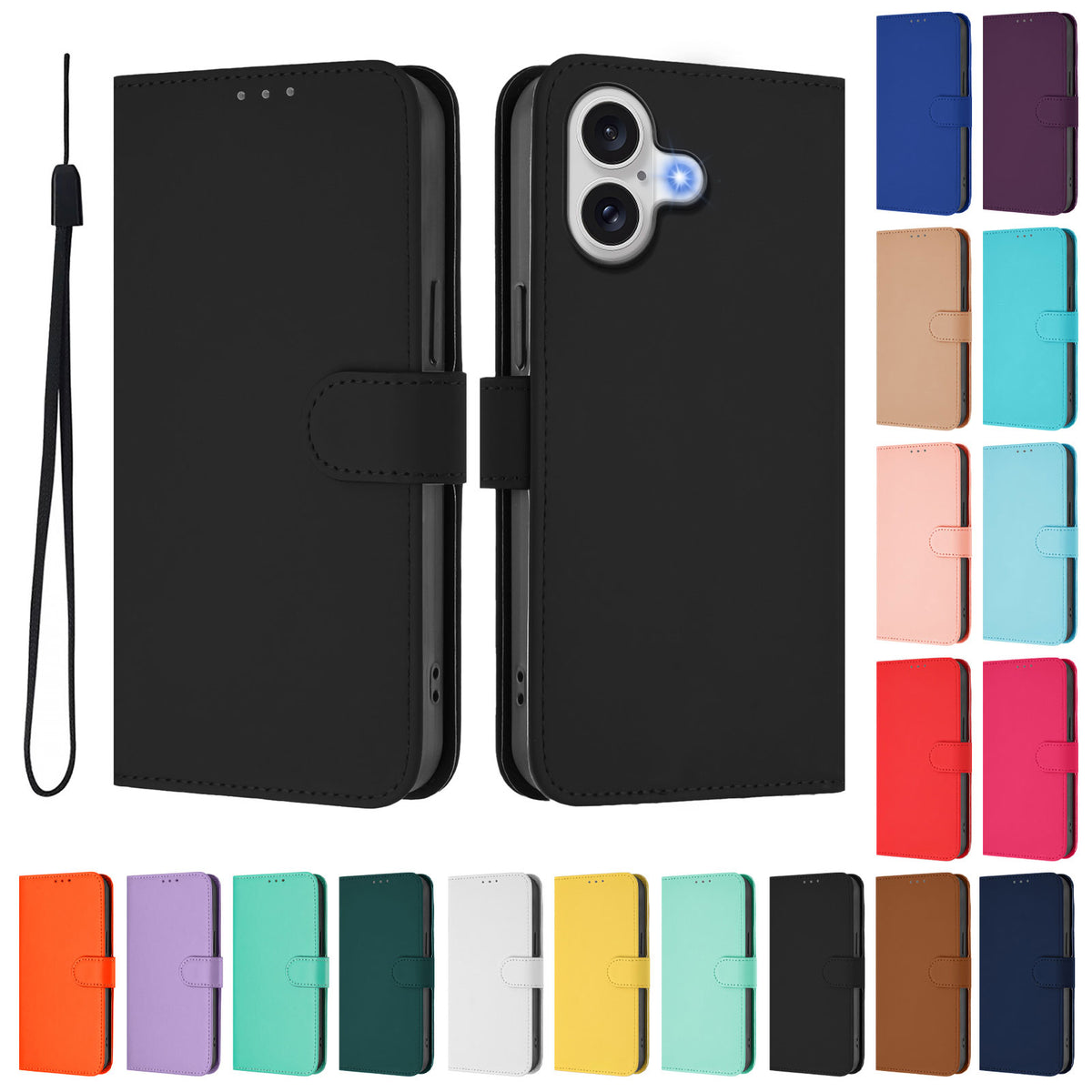 For iPhone 17 Case Solid Color Wallet Leather Phone Cover with Strap