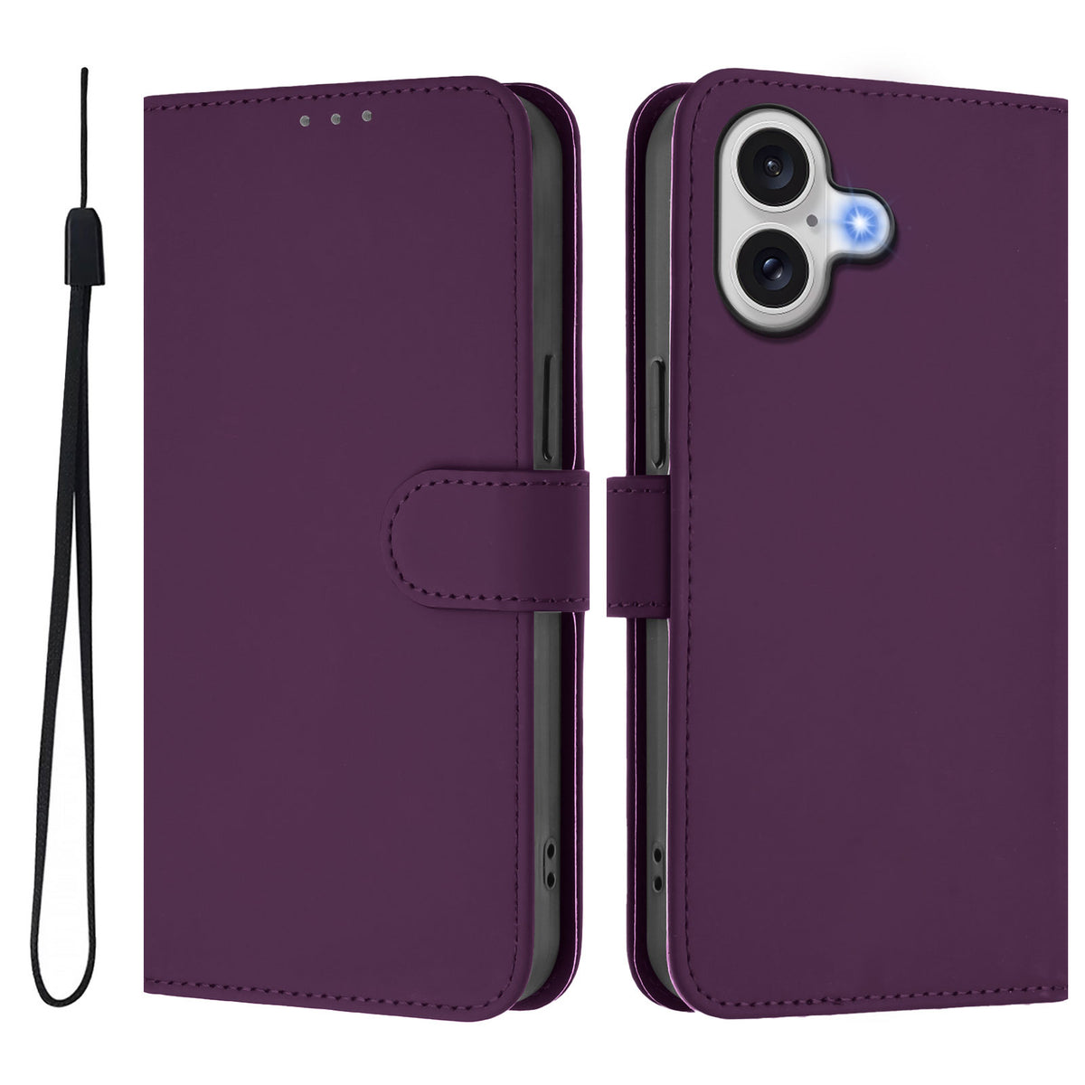 For iPhone 17 Case Solid Color Wallet Leather Phone Cover with Strap