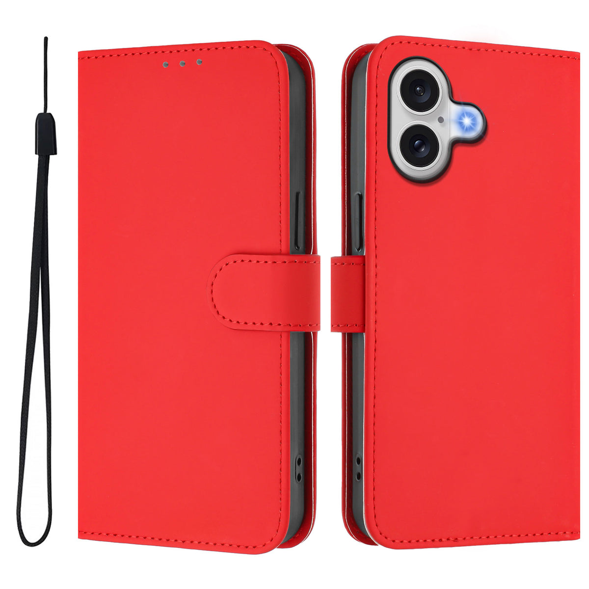 For iPhone 17 Case Solid Color Wallet Leather Phone Cover with Strap