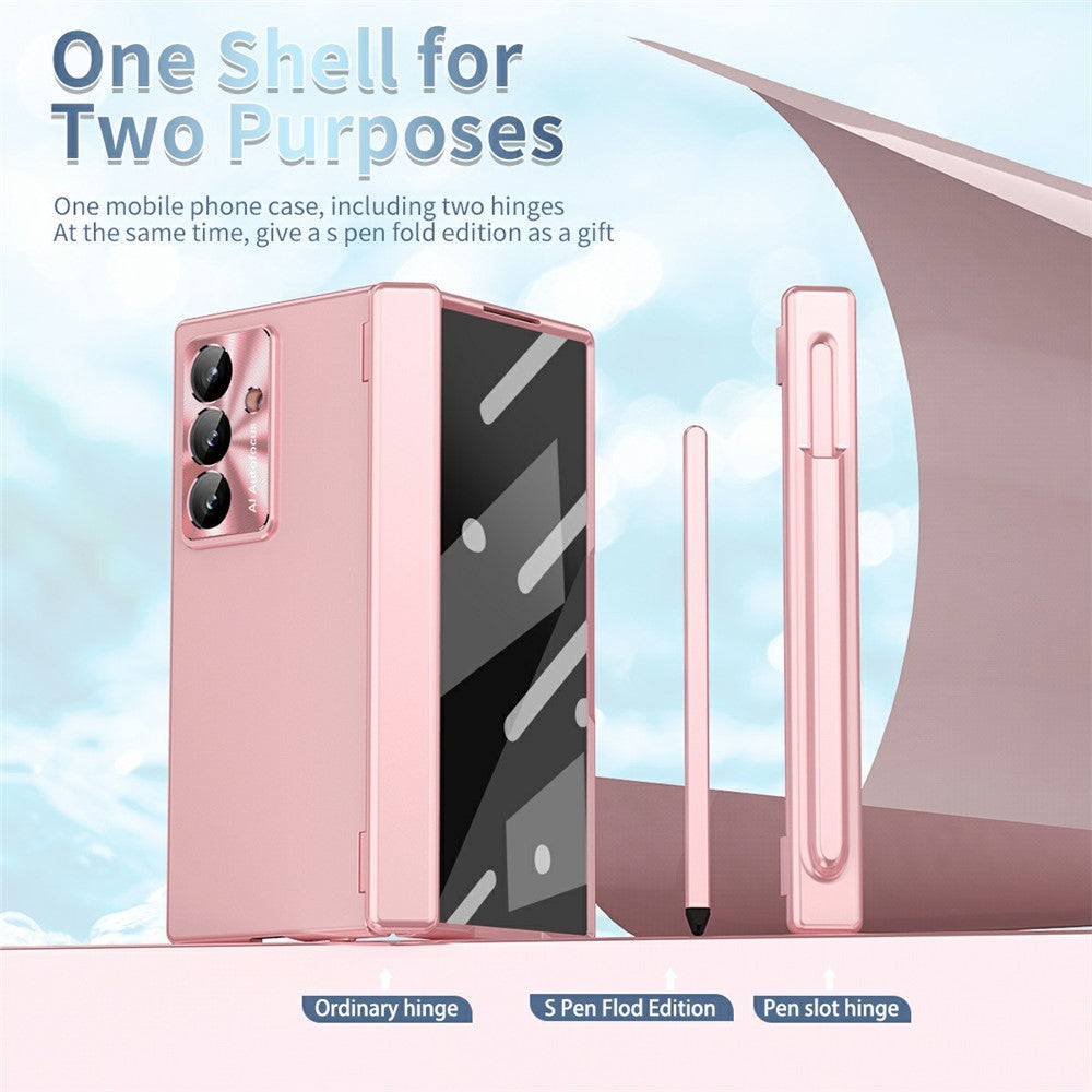 Til Samsung Galaxy Z Fold7 5G etui Dual Hinge Galvaniseret PC telefoncover med hærdet glasfilm / stylus