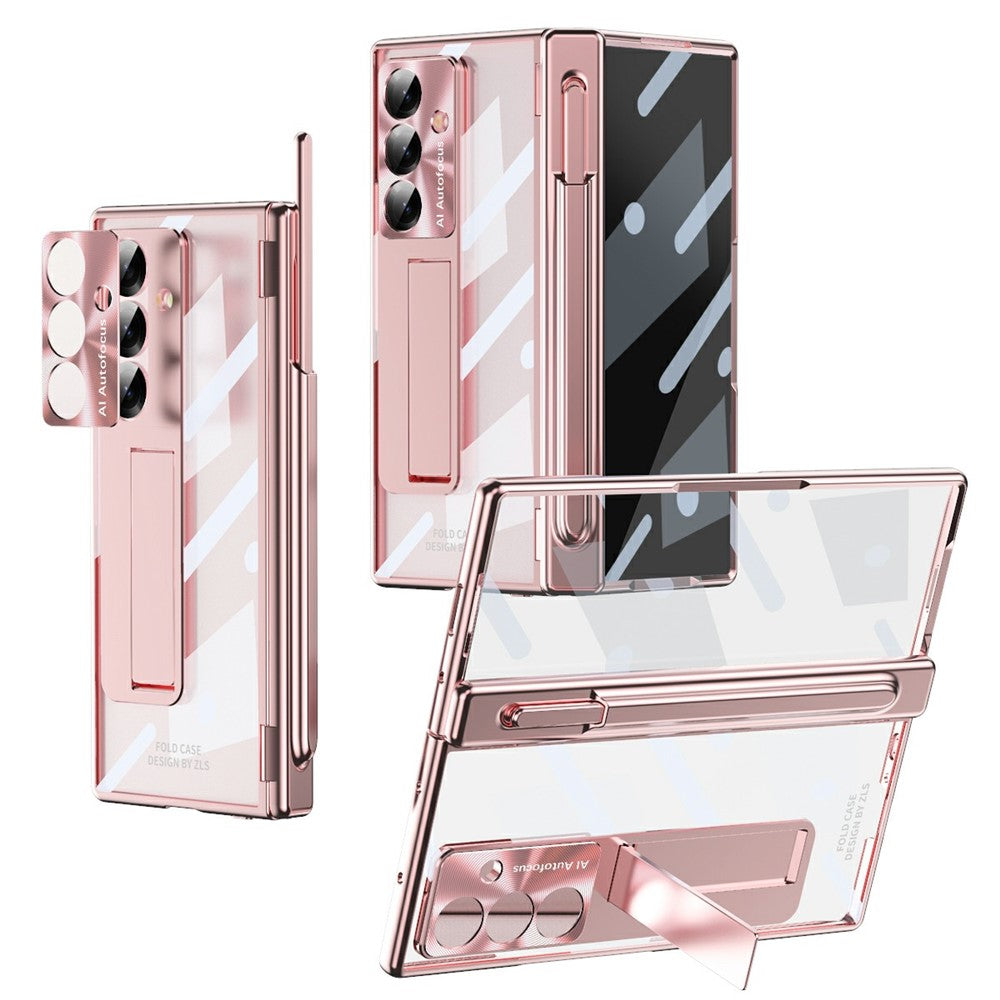 For Samsung Galaxy Z Fold7 5G Case Magnetic Hinge Electroplated PC Phone Cover with Tempered Glass Film / Stylus