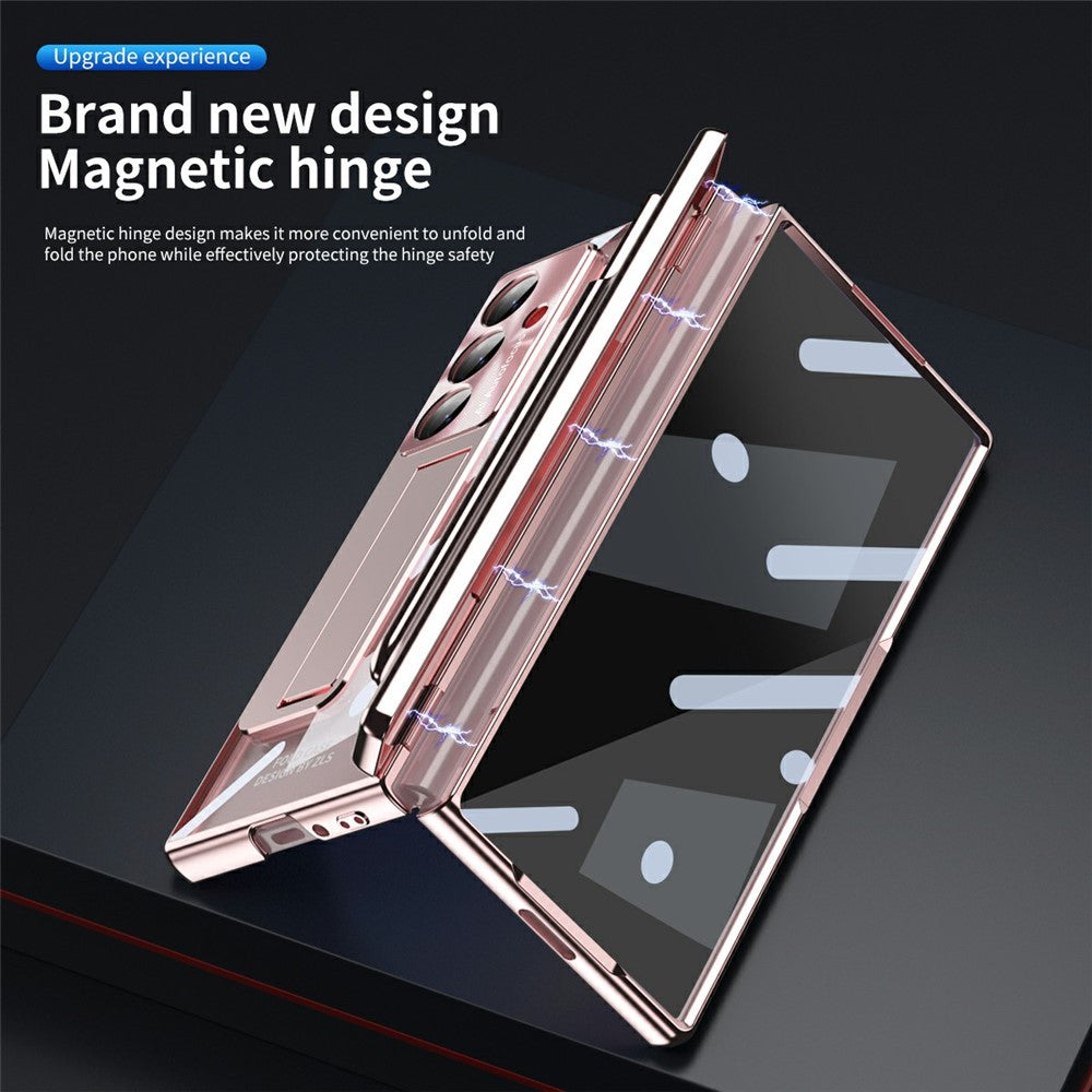 For Samsung Galaxy Z Fold7 5G Case Magnetic Hinge Electroplated PC Phone Cover with Tempered Glass Film / Stylus