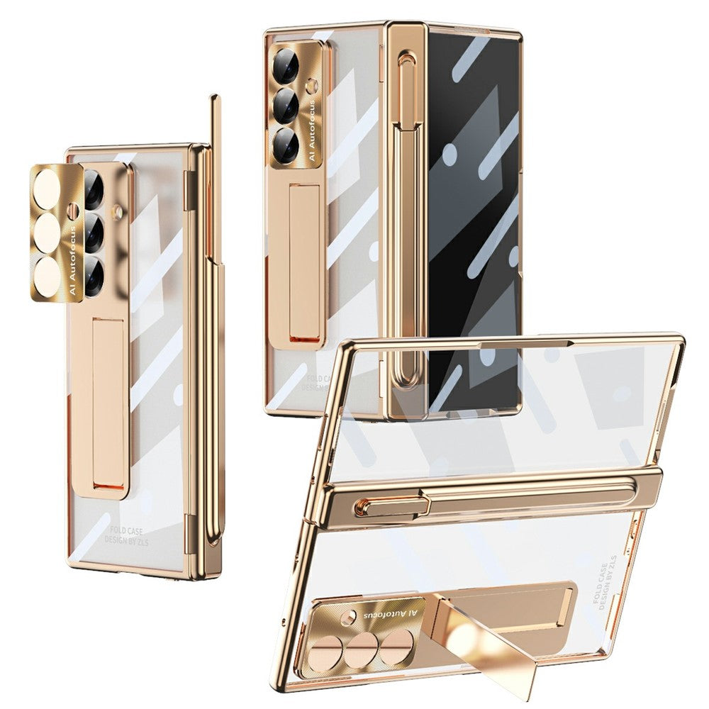 For Samsung Galaxy Z Fold7 5G Case Magnetic Hinge Electroplated PC Phone Cover with Tempered Glass Film / Stylus