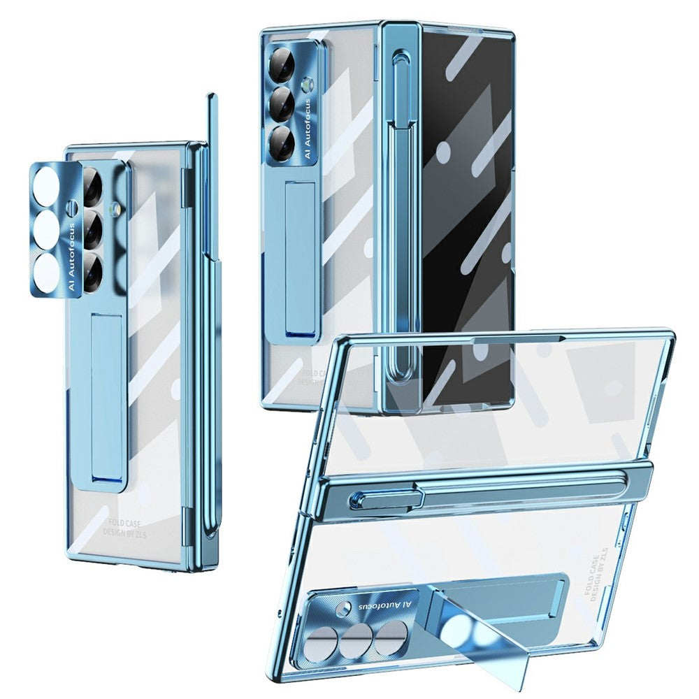 For Samsung Galaxy Z Fold7 5G Case Magnetic Hinge Electroplated PC Phone Cover with Tempered Glass Film / Stylus