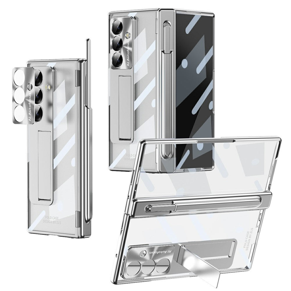 For Samsung Galaxy Z Fold7 5G Case Magnetic Hinge Electroplated PC Phone Cover with Tempered Glass Film / Stylus