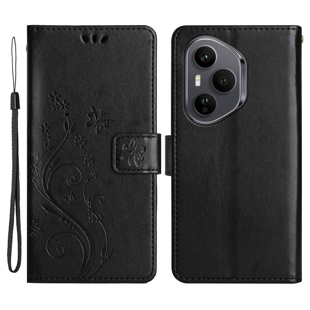 For Honor 400 Pro 5G (Global) Læder Pung Etui Sommerfugleblomst Præget Telefoncover med Rem