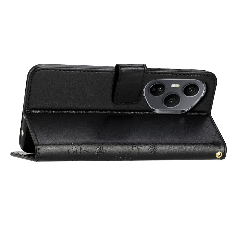For Honor 400 Pro 5G (Global) Læder Pung Etui Sommerfugleblomst Præget Telefoncover med Rem