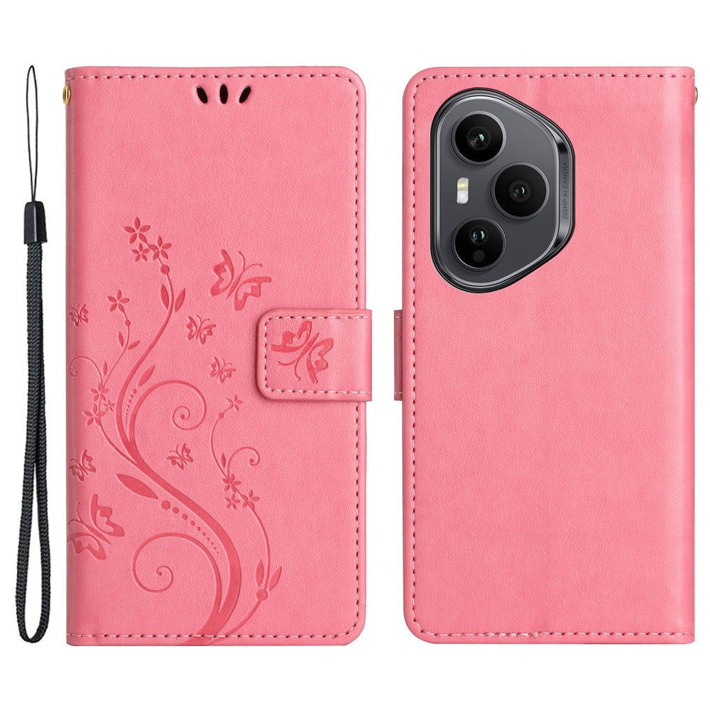 For Honor 400 Pro 5G (Global) Læder Pung Etui Sommerfugleblomst Præget Telefoncover med Rem