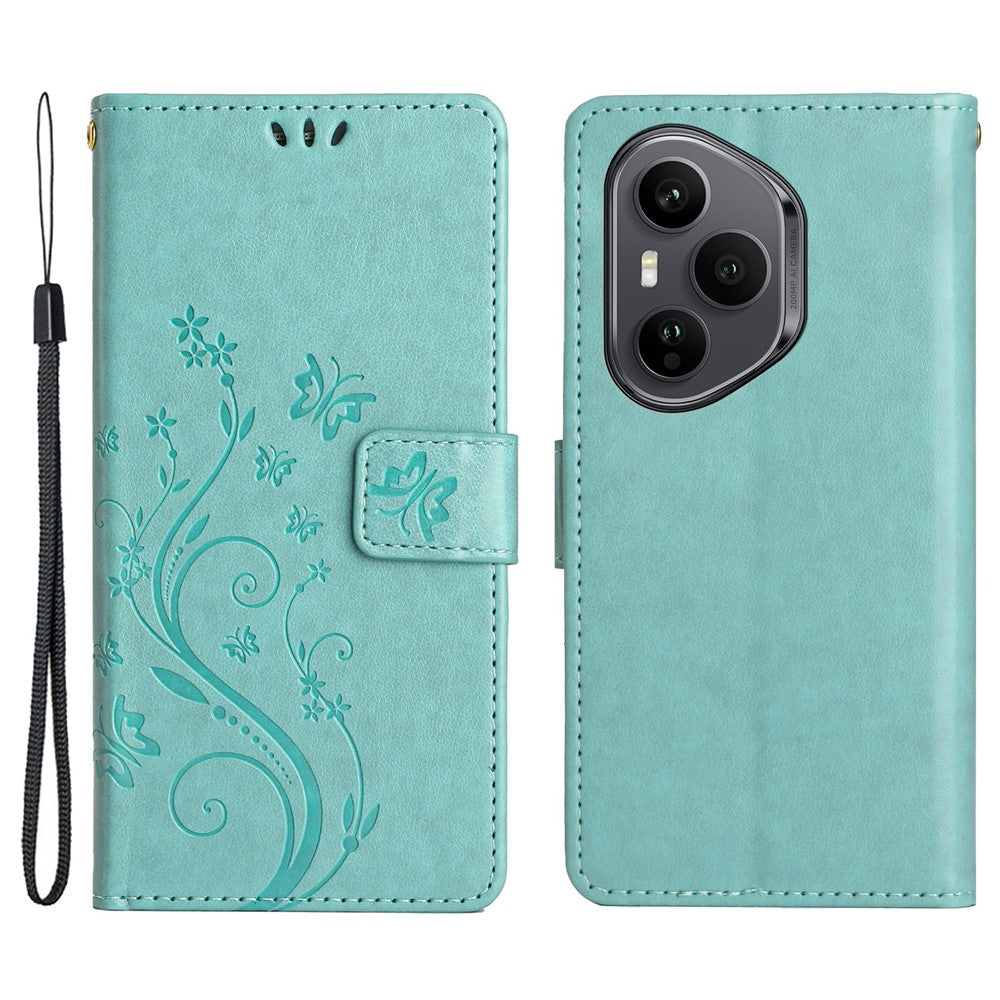 For Honor 400 Pro 5G (Global) Læder Pung Etui Sommerfugleblomst Præget Telefoncover med Rem