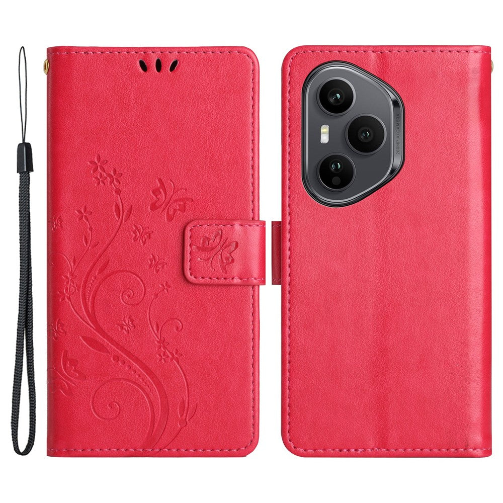For Honor 400 Pro 5G (Global) Læder Pung Etui Sommerfugleblomst Præget Telefoncover med Rem