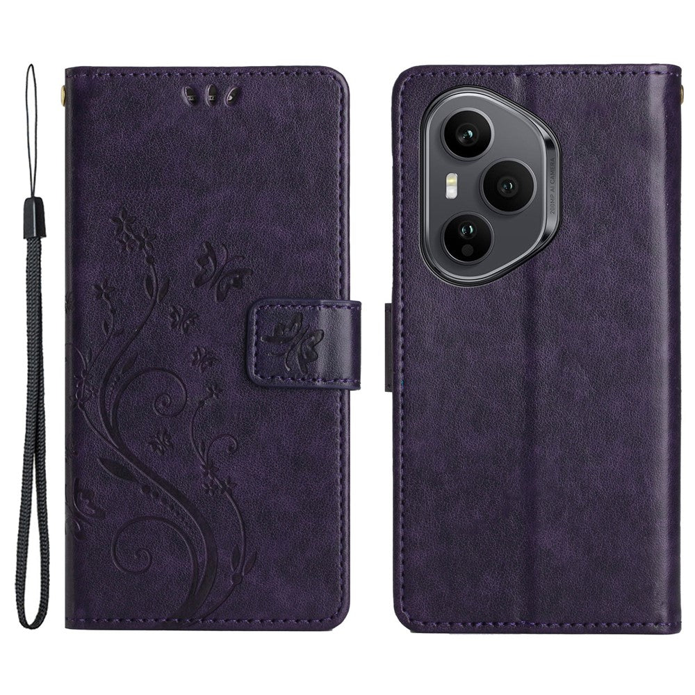For Honor 400 Pro 5G (Global) Læder Pung Etui Sommerfugleblomst Præget Telefoncover med Rem
