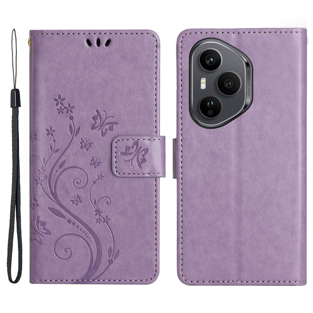 For Honor 400 Pro 5G (Global) Læder Pung Etui Sommerfugleblomst Præget Telefoncover med Rem