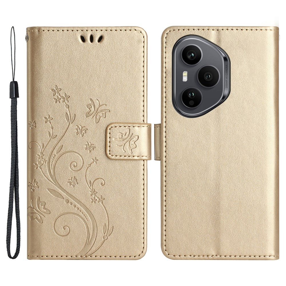 For Honor 400 Pro 5G (Global) Læder Pung Etui Sommerfugleblomst Præget Telefoncover med Rem