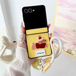 For Samsung Galaxy Z Flip7 5G Case Cute Dog Hinge Protection Litchi Texture Phone Cover with Wrist Strap