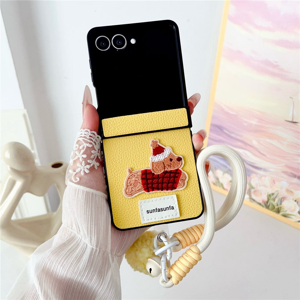 For Samsung Galaxy Z Flip7 5G Case Cute Dog Hinge Protection Litchi Texture Phone Cover with Wrist Strap