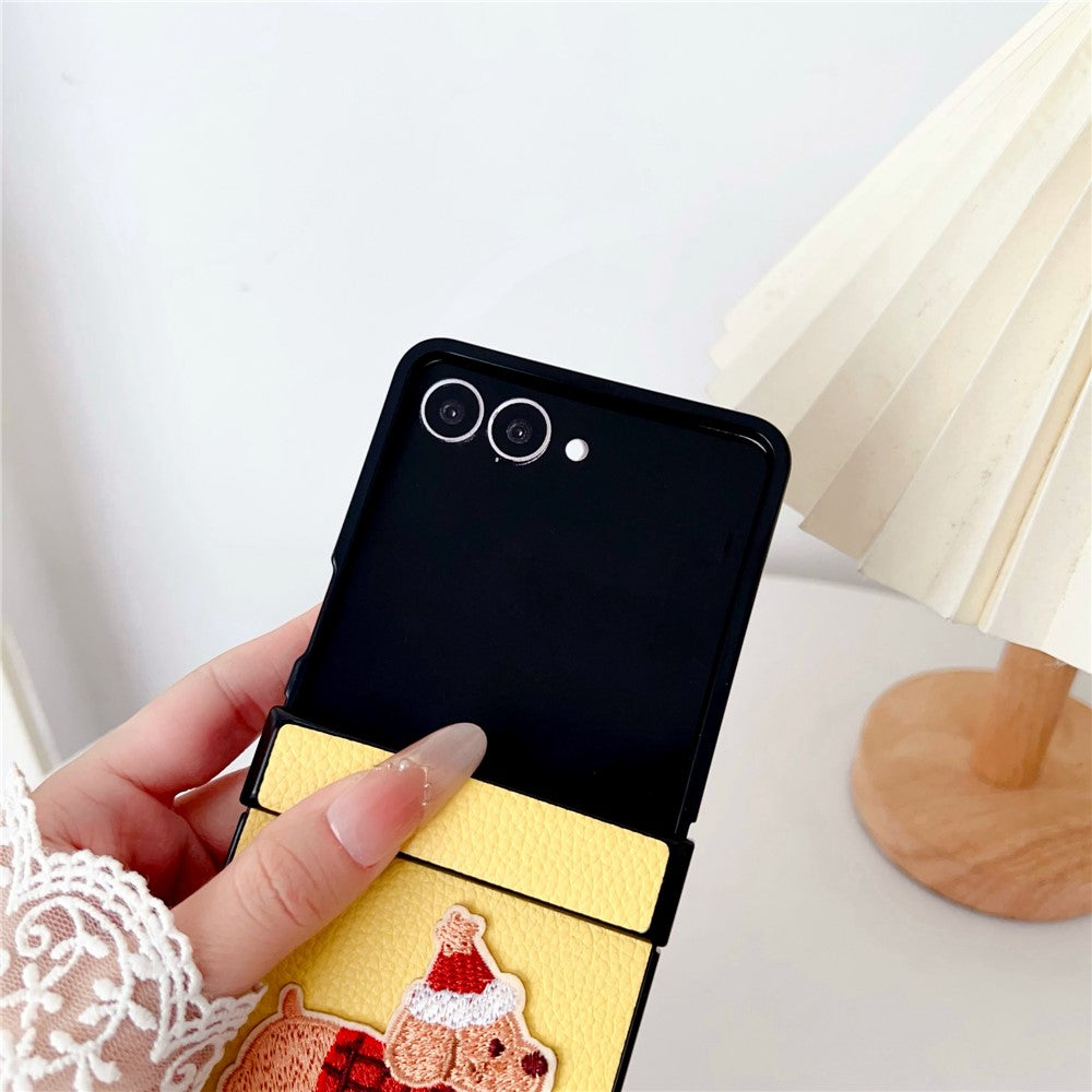 For Samsung Galaxy Z Flip7 5G Case Cute Dog Hinge Protection Litchi Texture Phone Cover with Wrist Strap