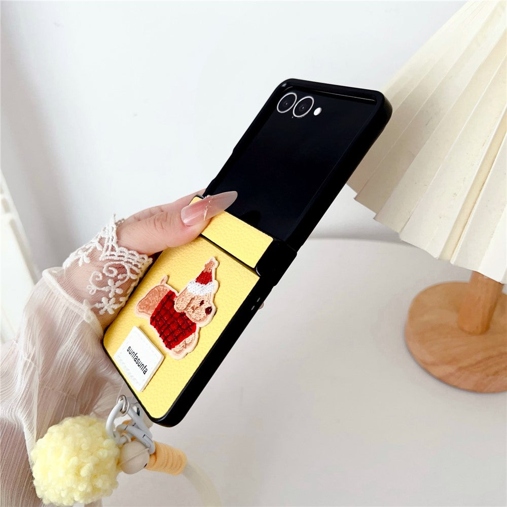 For Samsung Galaxy Z Flip7 5G Case Cute Dog Hinge Protection Litchi Texture Phone Cover with Wrist Strap