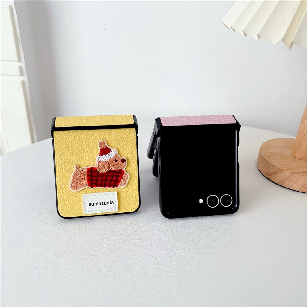 For Samsung Galaxy Z Flip7 5G Case Cute Dog Hinge Protection Litchi Texture Phone Cover with Wrist Strap