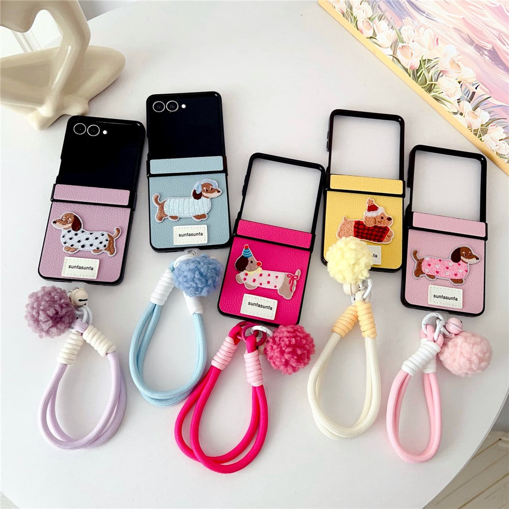 For Samsung Galaxy Z Flip7 5G Case Cute Dog Hinge Protection Litchi Texture Phone Cover with Wrist Strap
