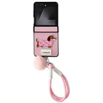 For Samsung Galaxy Z Flip7 5G Case Cute Dog Hinge Protection Litchi Texture Phone Cover with Wrist Strap
