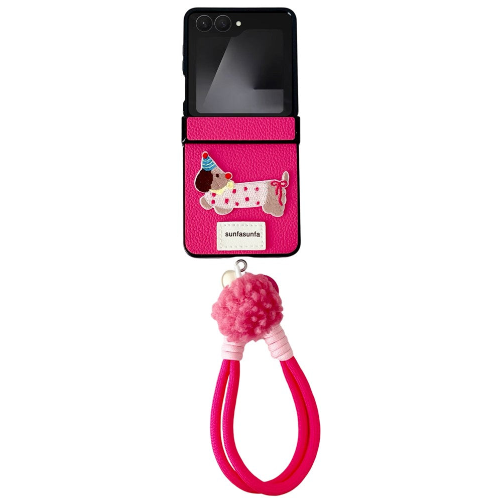 For Samsung Galaxy Z Flip7 5G Case Cute Dog Hinge Protection Litchi Texture Phone Cover with Wrist Strap